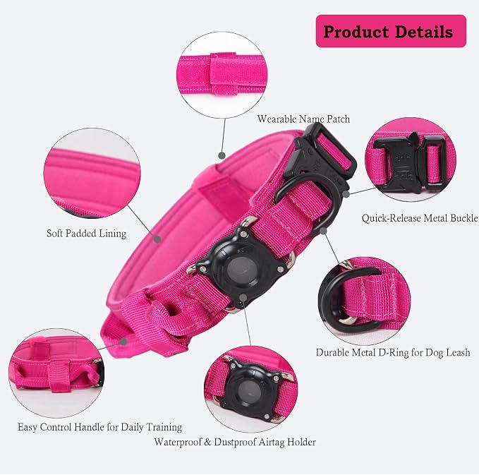 AirTag Dog Collar for Large Dogs Tactical Dog Collar with AirTag Holder | Upgrade Waterproof,Control Handle,Quick-Release Metal Buckle,1000D Nylon Fabric,Soft-Padded Webbing,Velcro Patch(Rose Red,XL)