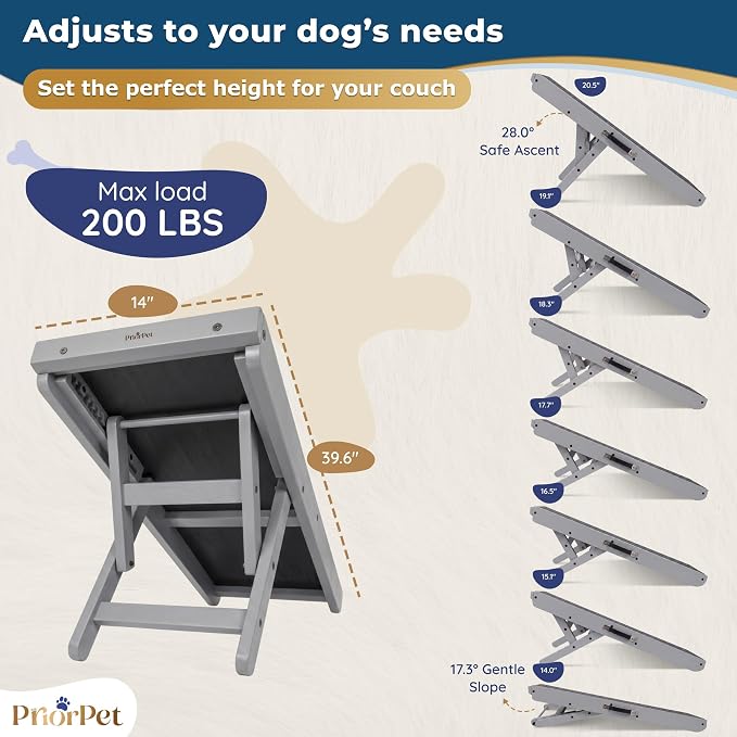 Dog Ramp for Couch – Non-Slip, Sturdy Build Foldable Wooden Dog Ramp – Supports up to 200 lbs – 7 Adjustable Heights (14"–20.5") – Enhanced Stability – Birchwood Pet Ramp for Small Dogs – Gray