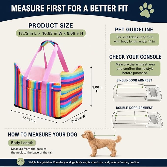 Console Dog Car Seat for Small Dogs to 15lbs (Rainbow Stripes) | Center Console Puppy Booster and Portable Travel Bed, Anti-Collapse Design with Washable Fluffy Cushion