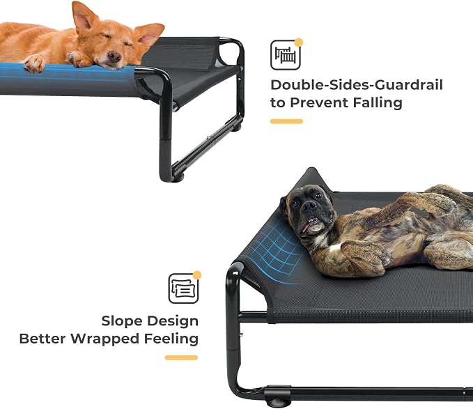 Veehoo Outdoor Elevated Dog Bed, Cooling Raised Dog Beds for Large Dogs | Washable Dog Cot with Headrest Sides, Non-Skid Feet, Breathable Mesh, Cooling Pet Hammock for Indoor or Camping, 42", Black