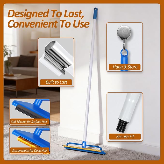 Topmart Carpet Rake with 60" Long Adjustable Handle | 2-in-1 Pet Hair Remover for Rugs Mat & Furniture,Reusable Carpet Scraper for Dog Cat Shedding Fur,Includes Silicone Pet Brush