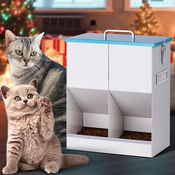 Automatic Cat Feeder Outdoor Dog Dry Food Dispenser Gravity Cat Feeder Pet Feeder for 2 Feral Barn Cats, 42cups/10L Dual