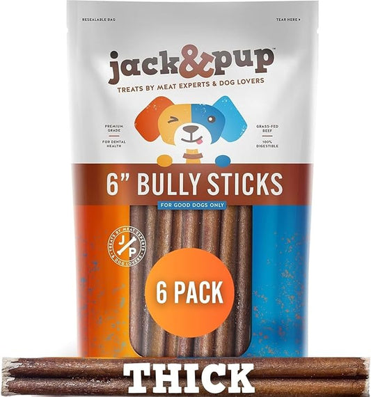 Jack&Pup 6-inch Premium Grade Odor Free Bully Sticks Dog Treats [Thick-Size] – 6” Long All Natural Gourmet Dog Treat Chews – Fresh and Savory Beef Flavor - (6 Pack)