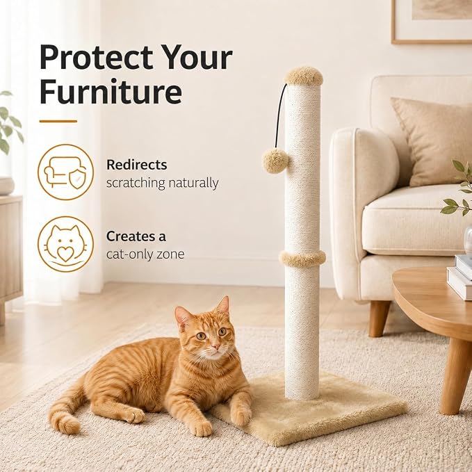 Dimaka 34" Height Tall Cat Scratching Post, Claw Scratcher with Sisal Rope and Covered with Soft Smooth Plush, Vertical Scratch [Full Strectch] (Light Brown, 34 inches for Large Cats)