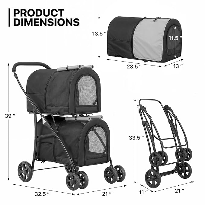 MoNiBloom Double Dog Stroller for Small and Medium Dog Cats, Black/Gray | Pet Stroller with Detachable Carrier Bags Large 4 Wheels Foldable Jogger for Small and Medium Dog Cats