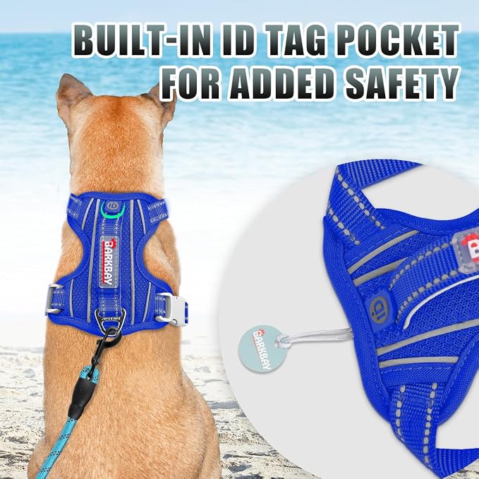 BARKBAY No Pull Dog Harness Large Reflective Dog Harness with Front Clip and Easy Control Handle for Walking Training Running with ID tag Pocket(Sapphire Blue,M)