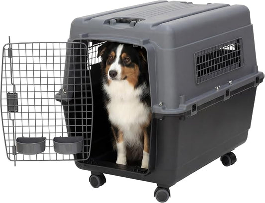 SportPet Airline Compliant LARGE 31.5" Travel Dog Kennel- Durable Plastic Airline Pet Carrier w/ Removable Wheels & Food Bowls, Collapsible Indoor/Outdoor Dog Kennel, Dogs up to 28"L & 20"H-Dark Gray