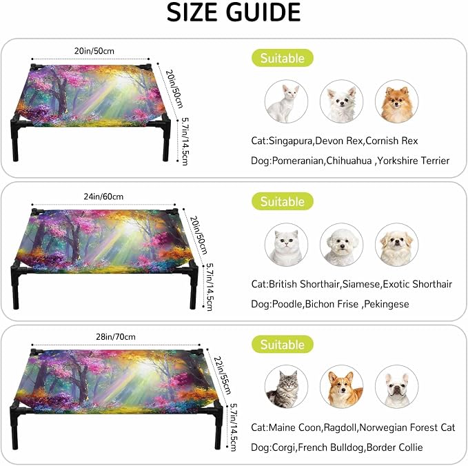 Outdoor Elevated Dog Bed for Medium Dogs, Spring Tree Breathable Cooling Raised Dog Cot for Indoor/Outdoor, Forest Sunbeams Floral Botanical Waterproof Elevated Pet Beds, M 24 x 20 in