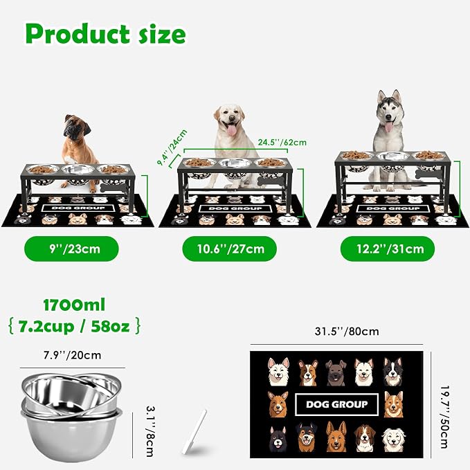 SHAINFUN Metal Elevated Dog Bowls Stand for Large Dogs with Mat & Three 58oz Food Water Bowls, Adjustable Height Raised Dog Bowl Stand