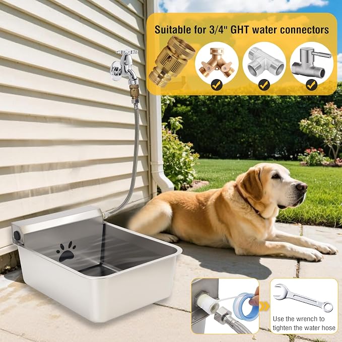 5Gal/20L Automatic Dog Water Dispenser, 78.7" Hose Stainless Steel Bowl | X-Large Auto-Fill, Float Valve Dog Water Bowl, Anti Tip Fit 3/4'' GHT Outdoor/Indoor Faucet for Livestock Animal Drinking