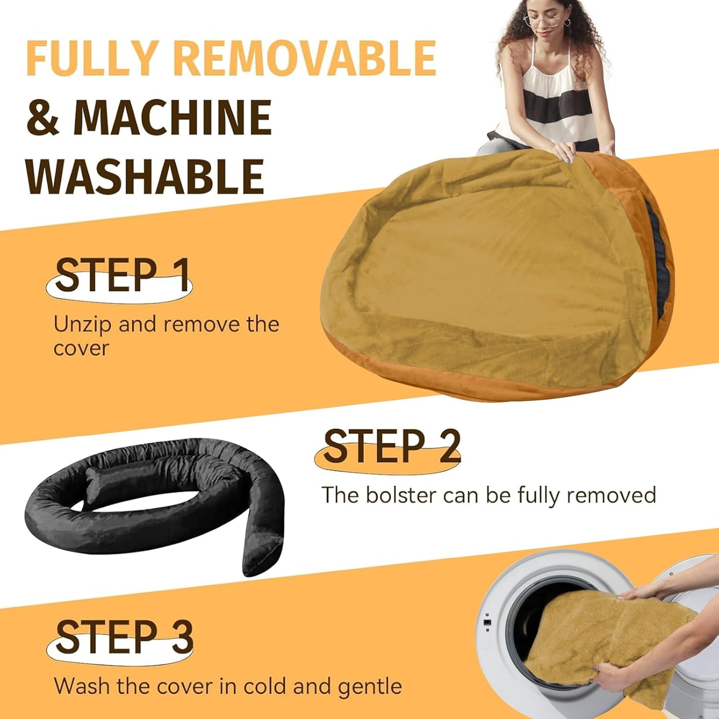 Orthopedic Washable Large Dog Bed: Cooling Dog Bed with Bolsters - Jumbo Bed Waterproof Removable Cover Non-Slip Bottom for Extra Large Sized - Orange