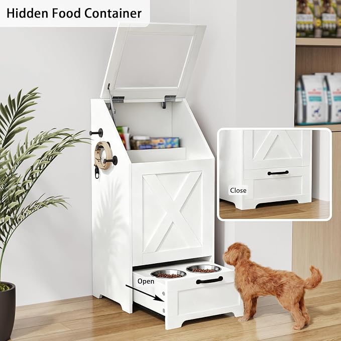 Dog Feeding Station with 2 Elevated Bowls, Dog Food Storage Cabinet with Pet Toy Organizer and Flip Top Pet Feeding Station,Hidden Pet Feeder Station for Cats and Dogs(Dog Feeding Station-White)