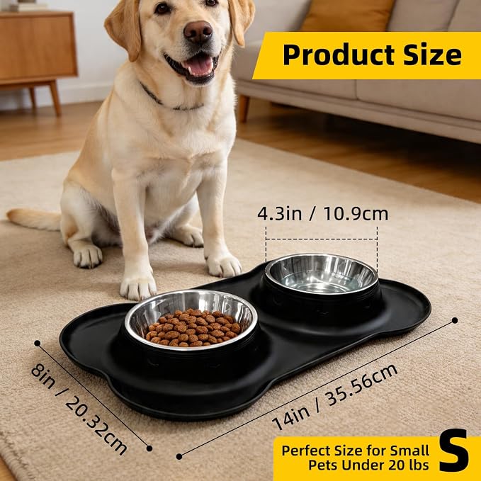 Double Stainless Steel Dog Bowls with Non-Slip Silicone Mat, Extra Small Puppy Food and Water Bowl Set, Spill Proof & Dishwasher Safe Pet Feeding Bowls for Small Dogs and Cats Under 8 lbs,BL (Black)