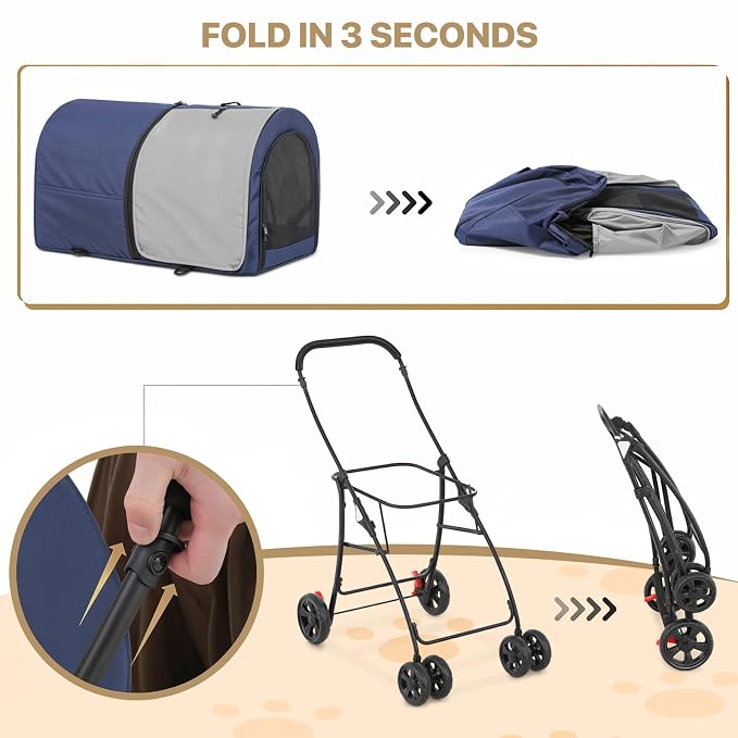 MoNiBloom Double Dog Stroller for Small and Medium Dog Cats, Navy Blue/Gray | Pet Stroller with Detachable Carrier Bags Large 4 Wheels Foldable Jogger for Small and Medium Dog Cats