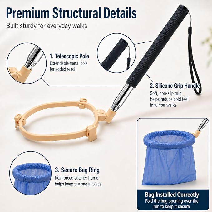 Pooper Scooper for Dogs, Hands-Free Pet Waste Pickup Tool, Foldable 8 Inch Design with 32 Inch Extendable Handle, Stainless Steel Rod, Includes 15 Bags for Yard, Walks and Travel