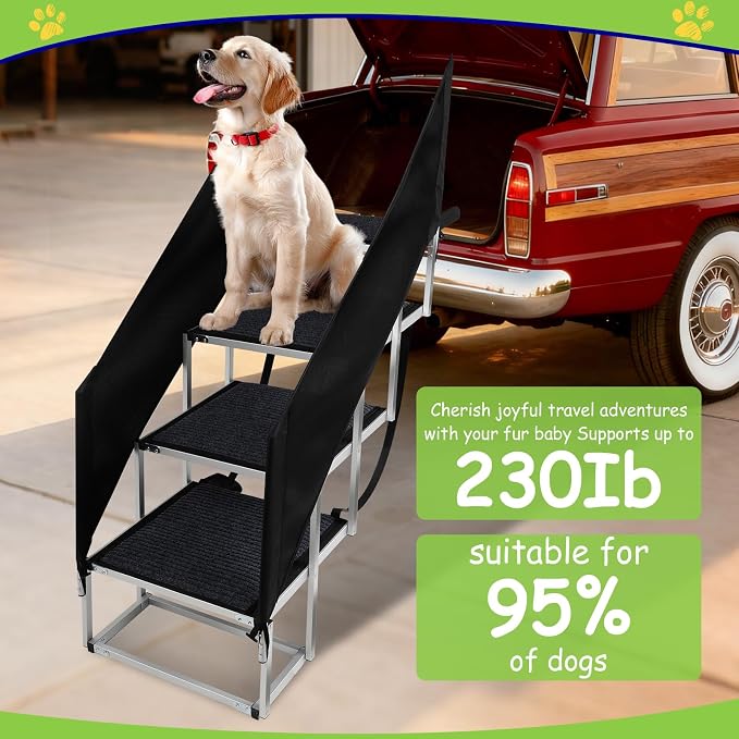 Dog Stairs with Guardrail for Large Dogs Extra Wide 20 Inch Step, High34 in 4 Step Foldable Dog Ramp, Supports up to 230 lbs Designed for Oversized SUVs, Off Road Vehicles, and Pickup Trucks- Felt