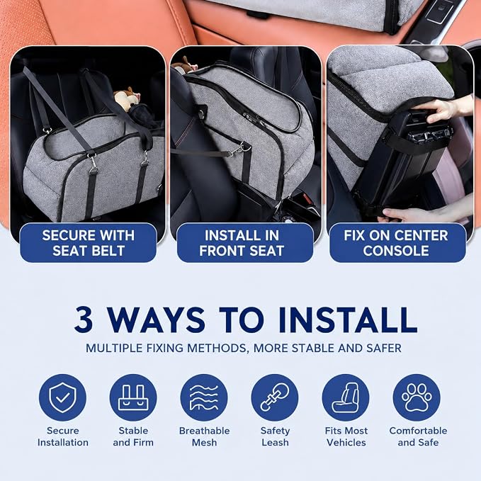 Dog Car Seat for Small Dogs & Cats, Center Console Pet Carrier with Foldable Top Window, Non-Slip Safety Straps, Portable Travel Backpack