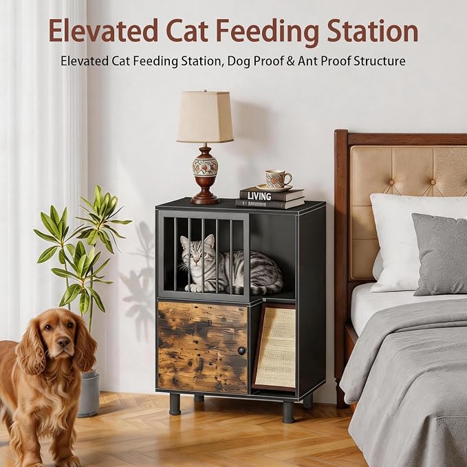Dog Proof Cat Feeder Station – Elevated Feeding Table with Stainless Steel Bowls, Scratching Board & Storage Locker, Anti-Dog, Sturdy, Easy Assembly, Outdoor Wood Furniture
