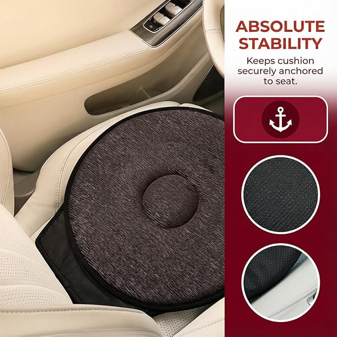 360 Degree Swivel Car Seat Cushion, Round Rotating Non Slip Vehicle Chair Pad for Elderly Support, Portable Removable Automotive Interior Seat Assist Pad, Universal for Sedan RV Truck (Coffee)