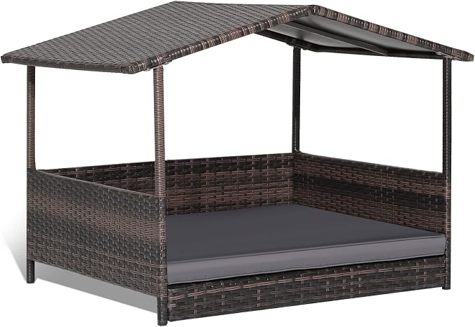 Giantex Wicker Dog House, Raised Rattan Dog Bed with Waterproof Roof, Washable Cushion Cover, Steel Frame, Indoor Outdoor Elevated Dog Bed Pet House for Small Medium Dogs Cats, Easy Assembly