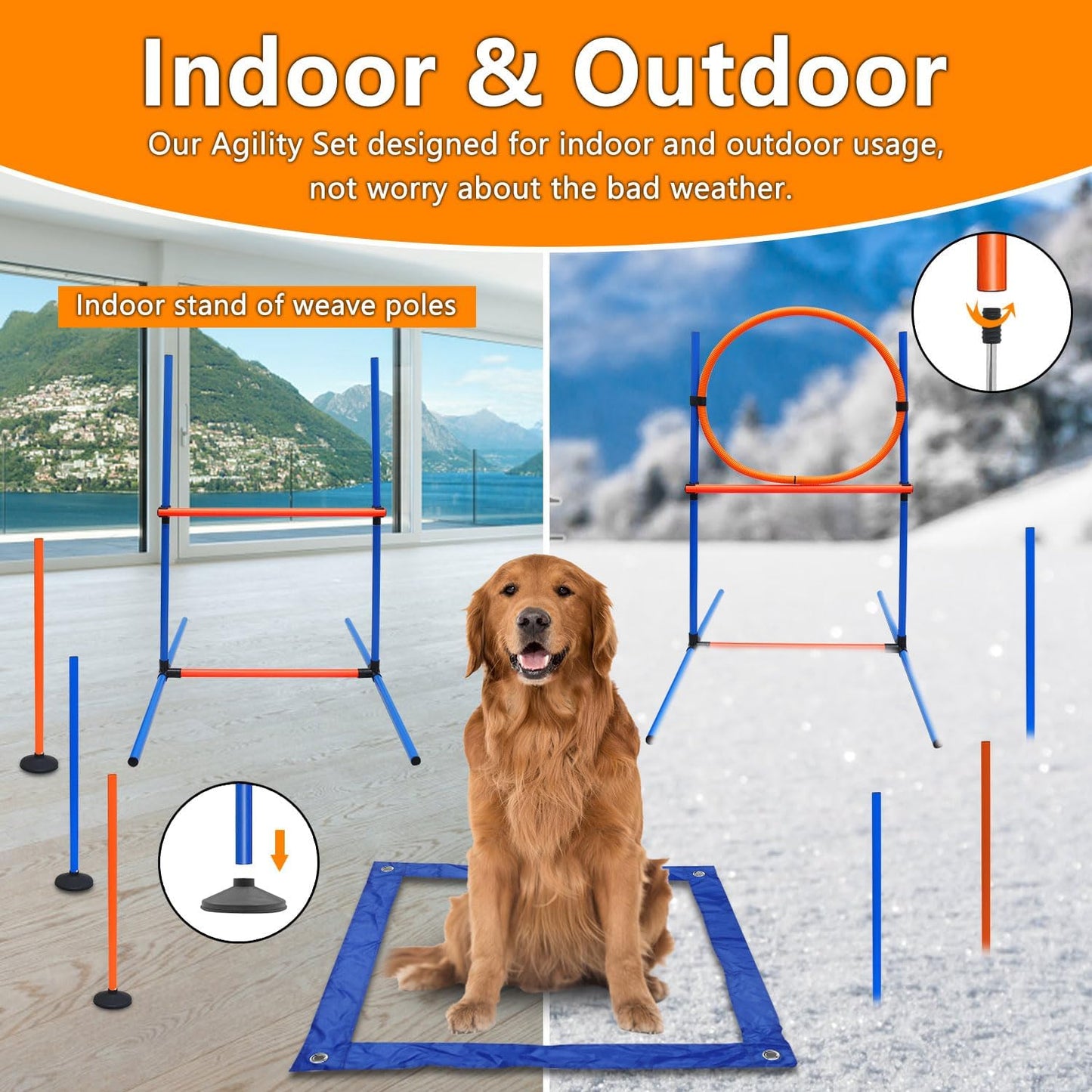 Dog Agility Training Equipment Set Outdoor Indoor Game, Tire Jump + Hurdle Jump, Tunnel, Weave Poles, Pause Box, 2 Toy Balls, 2 Flying Discs, 1 Whistle, 1 Bag, Backyard Premium Dog Obstacle Course Kit