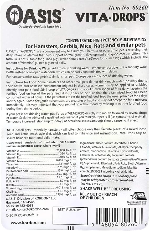 Oasis Hamster Vita-Drops All-in-1 Multivitamins - Daily Vitamin Supplement Supports Healthy Bones & Teeth, Joints & Digestion, Promotes Healthy Skin Coat, Orange Flavor, 2-Ounces