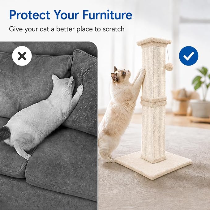 Vertical Cat Scratching Post for Indoor Cats, Sisal Scratch Tower with Soft Plush Base & Dangling Pom Ball, 32'' Tall Cat Scratcher Column for Kittens and Adult Cats, Furniture Protection, Beige