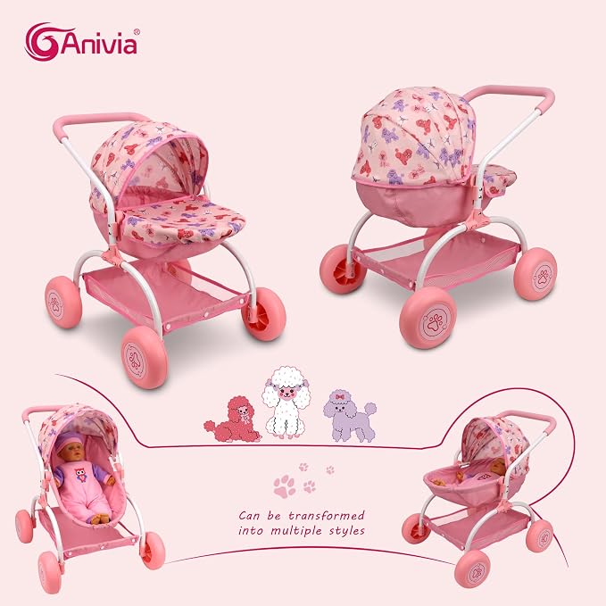 ANIVIA Doll Stroller Toy Realistic Doll Stroller Heart Design Gifts for Toddlers and Girls Foldable Baby Doll Stroller Toy