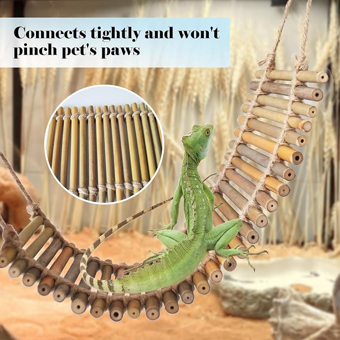 kathson Reptile Bridge for Terrarium,Bearded Dragon Wooden Bridges Gecko Hammock with Hanging Plants Lizard Lounger Bamboo Ladder Reptiles Tank Accessories Climbing for Chameleons Geckos Snakes (3Pcs)