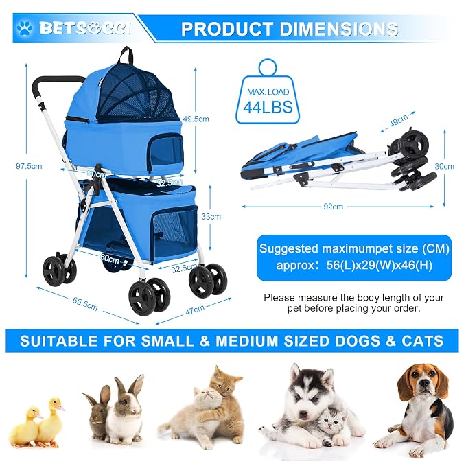 Double Dog Stroller with 2 Detachable Carrier, Portable Pet Stroller for Small Dogs & Cats Folding Lightweight Puppy Travel Carriage, 4 Wheels, Azure