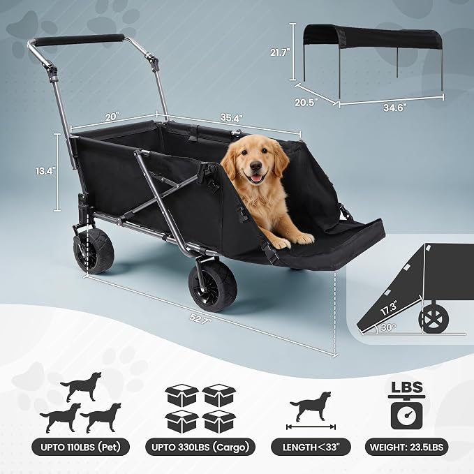 REDCAMP Folding Dog Wagon with Canopy, 110lbs Heavy Duty Pet Stroller | 17.3" Extendable Rear Ramp for 2 Medium Dogs, All-Terrain Dog Cart with Brakes & Push Handle for Senior Pet, Black
