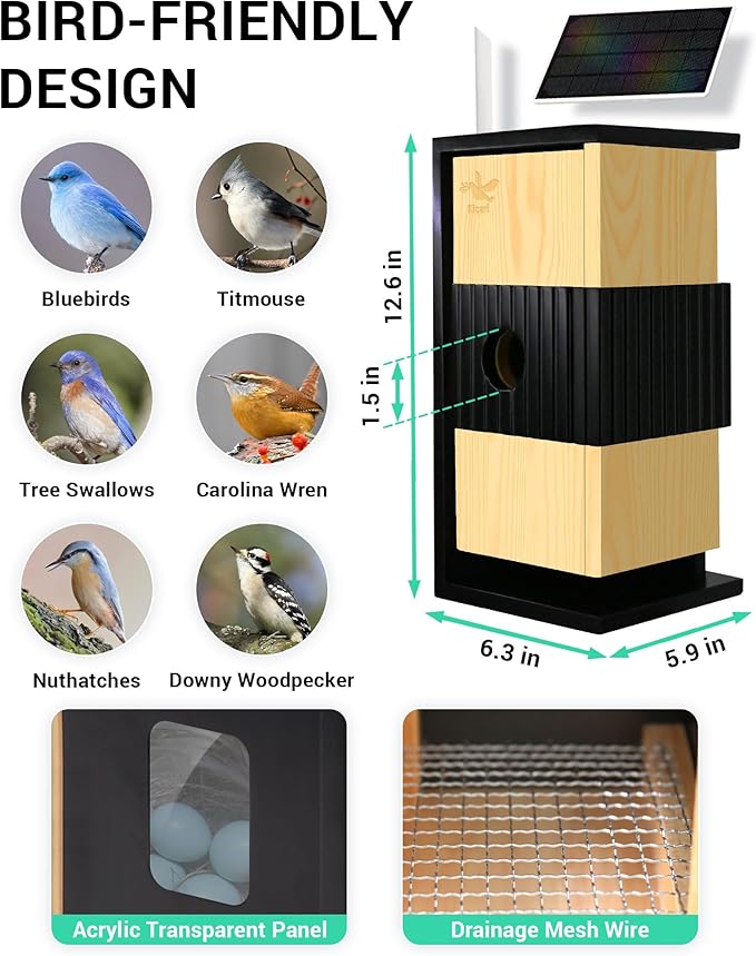 Kicari Bird House with Camera 2K HD, Solar & Battery Powered, Dual Night Vision, PIR Motion Sensor, Two-Way Audio, WiFi App Control, Smart Weatherproof Wooden Bluebird Nest Box for Outdoors, Natural