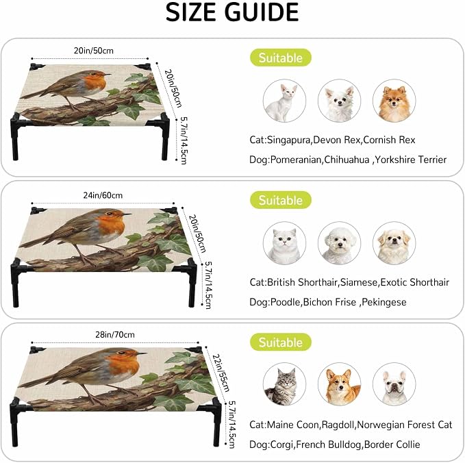 Outdoor Elevated Dog Bed for Medium Dogs, Bird Breathable Cooling Raised Dog Cot for Indoor/Outdoor, Ivy Branch Animal Green Botanical Leaf Rustic Waterproof Elevated Pet Beds, M 24 x 20 in