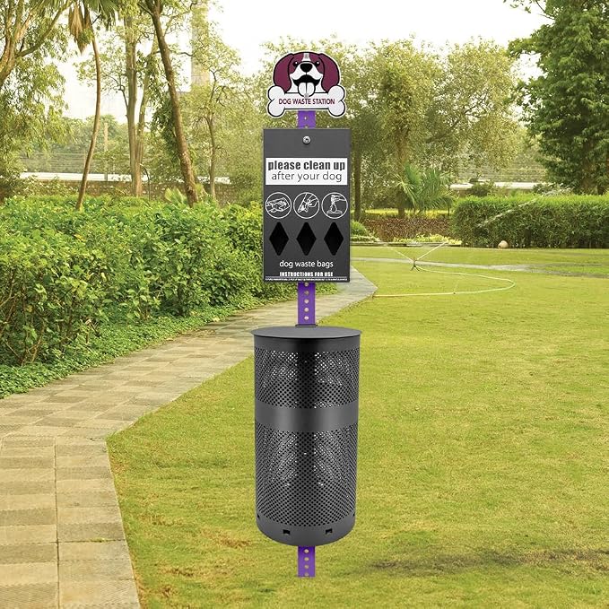 Zero Waste USA - Aluminum Dog Waste Station with Bags - Purple & Black | Purple dog design with rust-proof aluminum station, 400 roll bags, 25 liners, locking dispenser, 10-gallon waste can