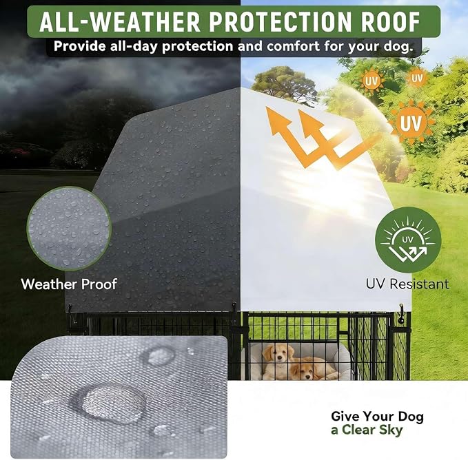 8 x 4 x 5.6 FT Outdoor Dog Kennel with Roof for Medium Large Dogs | Spacious Dog Run with Rotating Feeder, 2 Stainless Steel Bowls and Double Latch Gate