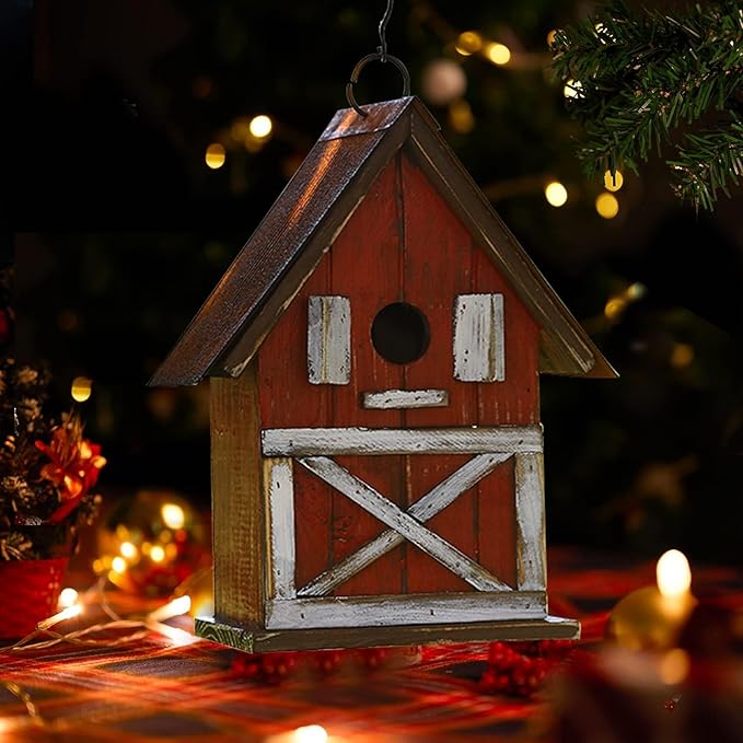 Topadorn Christmas Birdhouse, Hanging Wooden Garden Bird House for Outside, Unique for Bird Lovers, Outdoor Holiday Garden Decor for Blue Bird, Cardinals, Sparrow, Chickadee