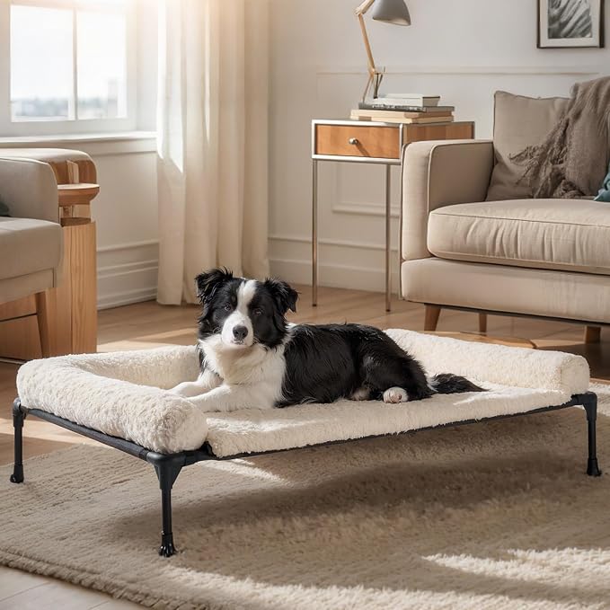 Veehoo Orthopedic Elevated Dog Bed Add Removable Deluxe Rose Plush Bolster Cushion Mat, 41" x 27" Washable Dog Couch Bed, Raised Pet Cot with Breathable Teslin Mesh, No-Slip Feet, White, CWC2439B