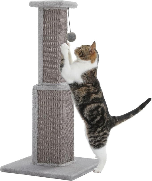PAWZ Road Cat Scratching Post 32” Tall Square Cat Scratcher | Heavy Duty Cat Post with 16x16”Large Base Covered Sturdy Woven Sisal Scratcher and Cat Toy Ball for Adult and Indoor Cats