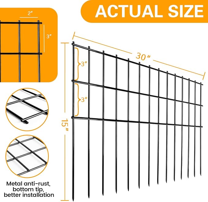 Animal Barrier Fence 25ft(L) x15in(H),10Pack Black No Dig Fence,Anti-Rust Metal Fence for Dog Rabbit,Underground Decorative Garden Fencing, Dog Digging Deterrent for Outdoor Yard Patio