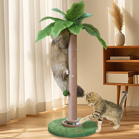 Meowoou Sisal Pole Cat Scratching Post with Wooden Ball Tracker Toy & Interactive Hanging Ball, Natural Palm Leaf Top Cat Tree Tower, 33 inch Tall Round Plush Base Pad for Indoor Kitten Scratcher