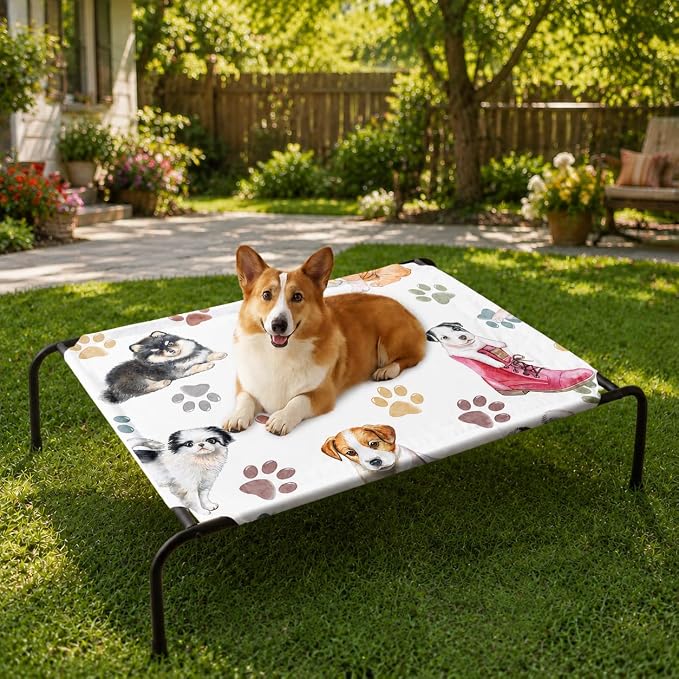 Cartoon Dog Paw Pattern Orthopedic Elevated Dog Pet Bed(35"X25"X8"),with Metal Frame,Printing Breathable Waterproof Dog Kennel,Sleeping Bed for Small Medium Large Dogs Cats,for Home,Outdoor Use