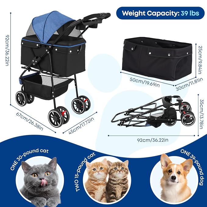 Pet Stroller,Dog Stroller for Small Medium Dogs Cats,3 Wheels,Foldable,with Breathable Mesh Canopy,Cup Holders,Easy Assembly (Blue+Black)