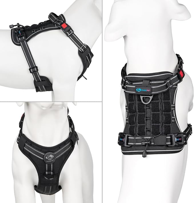 No Pull Tactical Dog Harness,Service Dog Vest Molle & Loop Panels | Black M, Metal Front & Back D-ring, Reflective, Easy Control with Padded Handle for Small Medium Large Dogs