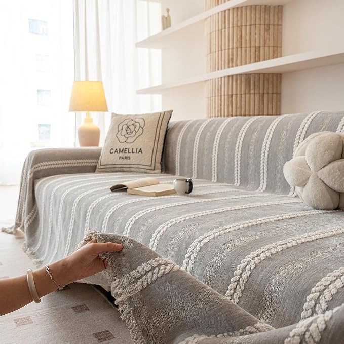 VClife Chenille Sofa Cover Bohemian Striped Pattern Couch Cover for 3 Cushion Sofa - Gray Creamy White Textured Sofa Slipcover Washable Furniture Protector for Couch Decorative Couch Cushion Cover