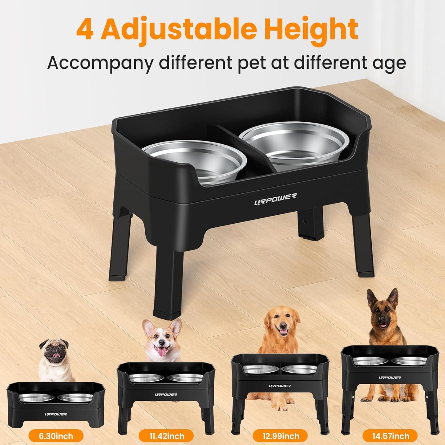 URPOWER 3-in-1 Elevated Dog Bowls - Mess Proof Double Deck 4 Height Adjustable Raised Stand with 2 Stainless Steel Food Bowls & Licking Plate for Small, Medium & Large Dogs