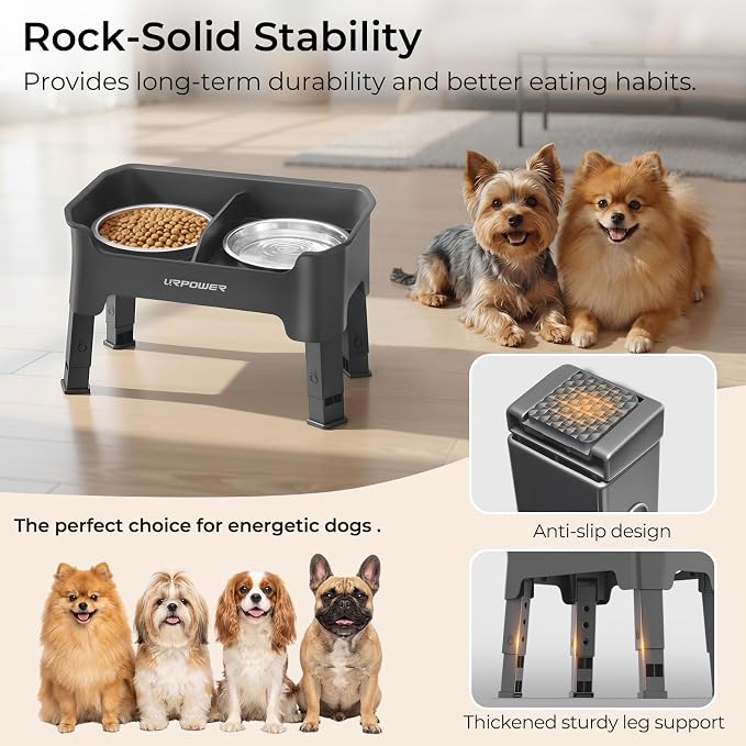 URPOWER Mess Proof Elevated Dog Bowls, Splash Guard Raised Bowl Stand | 4 Adjustable Heights, 2 Stainless Steel Bowls, Food & Water Separation, Non-Slip Base, Foldable Design for Small Dogs