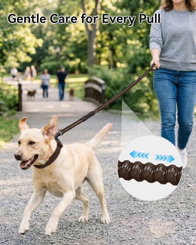 Joytale Tactical Bungee Dog Leash, Shock Absorbing No Pull, Brown | for Large Dogs That Pull, 2 Padded Handles for Control, Car Seatbelt Clip, Reflective for Night Safety, Metal Frog Clip