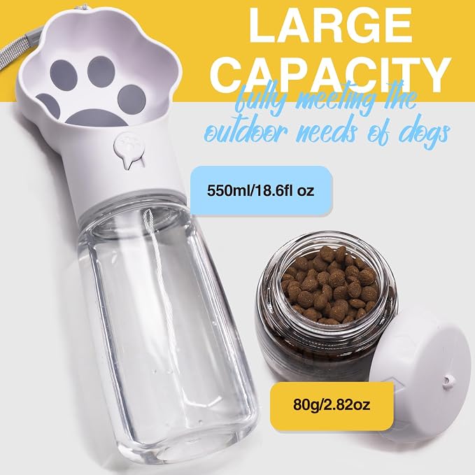 Dog Water Bottle with Food Container, Portable Pet Dispenser, Leak Proof, Hiking, Puppy Travel, Outdoor Activities(18.6 fl.oz/550ml, White)