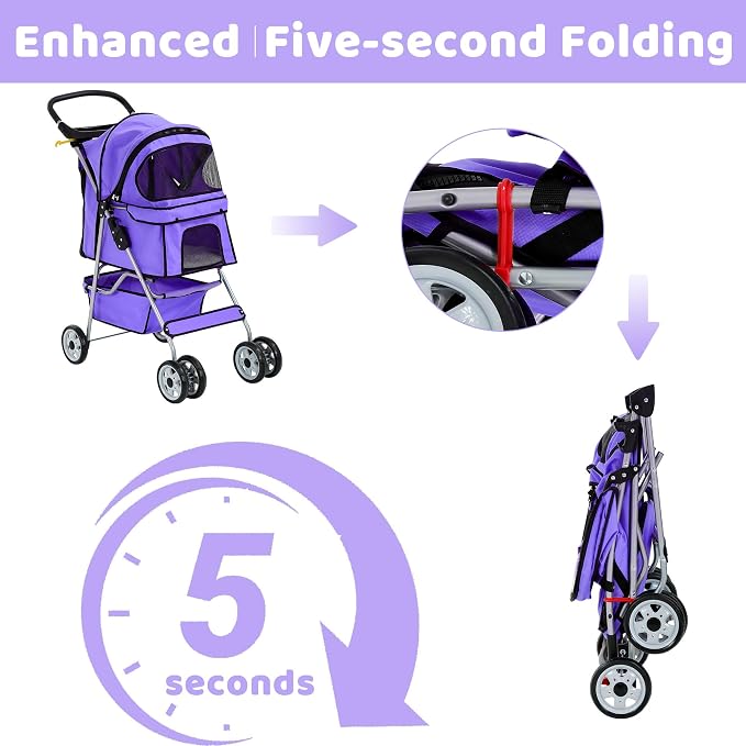 Pet Stroller for Small Medium Dogs & Cats, 4-Wheel Breathable Compact Foldable Dog Carrier with Storage Basket, Outdoor Portable Lightweight Travel Stroller for Camping,Purple