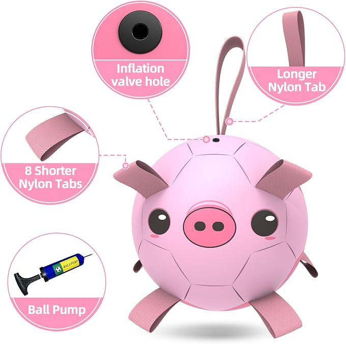 QDAN Dog Toys Soccer Ball with Straps, Interactive Dogs Toys for Tug of War, Puppy Birthday Gifts, Dogs Tug Toy, Dog Water Toy, Durable Dog Balls for Medium & Large Dog - Pink Pig（8 Inch）